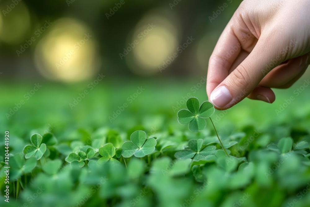 Hand gently picking clover from lush green meadow for nature exploration Hand gently picking clover from lush green meadow for nature exploration