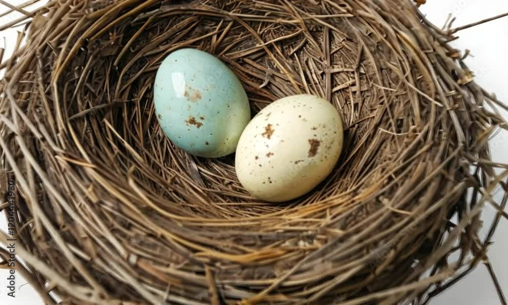 Bird's Nest with Five Varied Colored Eggs - Light Blue, Orange, Yellow, Natural Scene, Ornithology Study, Biological Diversity Bird's Nest with Five Varied Colored Eggs - Light Blue, Orange, Yellow, Natural Scene, Ornithology Study, Biological Diversity