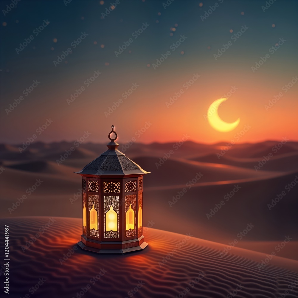 Arabic lantern glows in desert. Ramadan. Dusk sky. Crescent moon. Peaceful scene. Islamic tradition. Cultural image. Religious symbol. Light from lamp illuminates dunes. Decoration. Arabic lantern glows in desert. Ramadan. Dusk sky. Crescent moon. Peaceful scene. Islamic tradition. Cultural image. Religious symbol. Light from lamp illuminates dunes. Decoration.