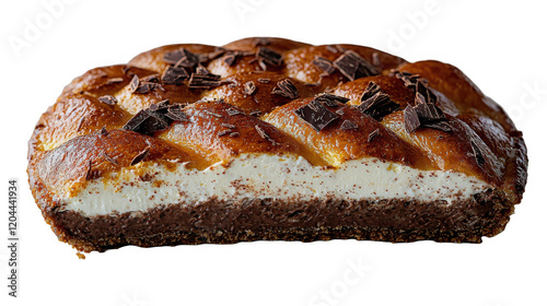 An appetizing chocolate cream cake with a braided crust and chocolate chunks, showcasing a tempting slice. Ideal for dessert lovers.