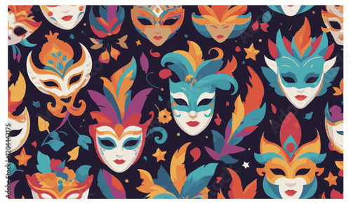 Vectorized illustration of carnival masks celebrate festivity, creativity, and cultural tradition in a mesmerizing pattern.