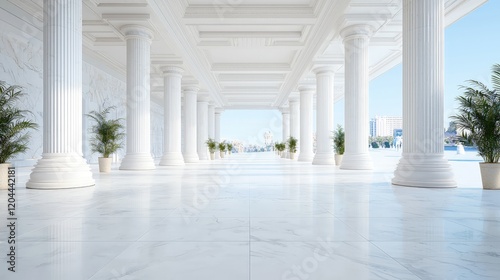 Elegant white marble colonnade with city view.