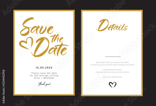Wedding Invitation Save the Date Card Vector Template Gold and Elegant with Handdrawn Text