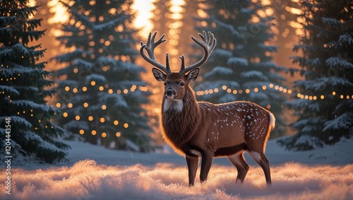 Majestic deer standing proudly in a lush green forest with thick velvety brown coat and serene expression photo