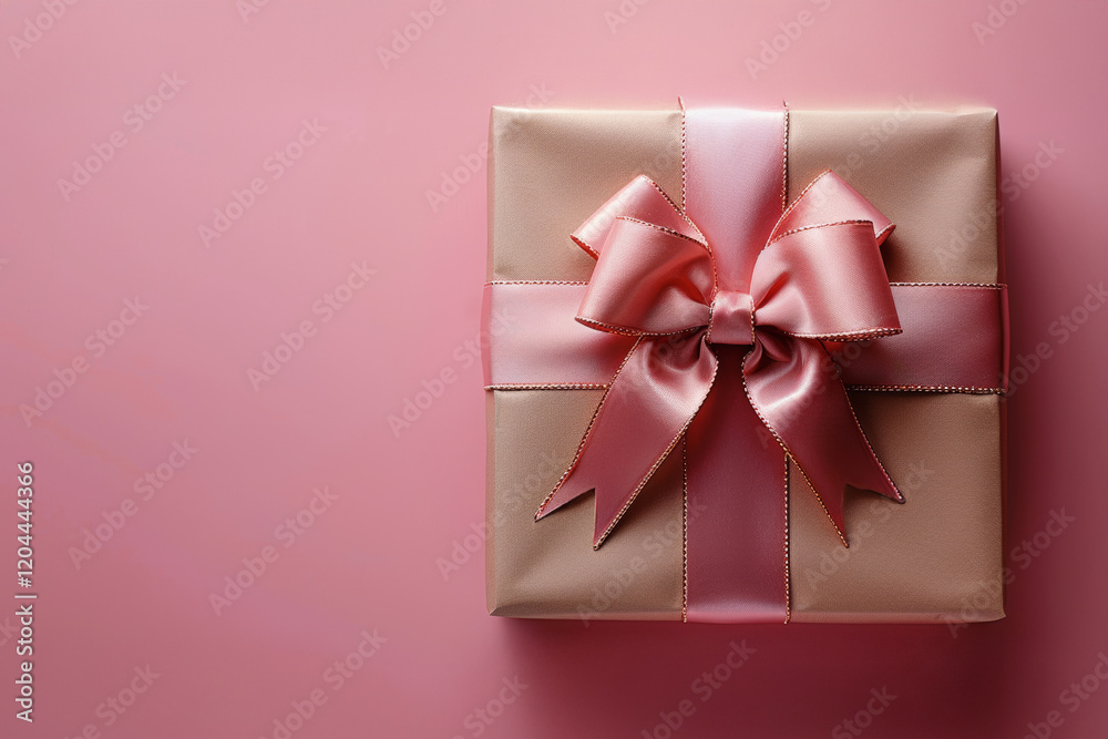 Gift box in craft wrapping paper and light pink satin ribbon on pink background. Gift box in craft wrapping paper and light pink satin ribbon on pink background.