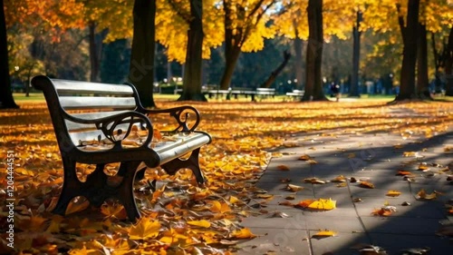 A park bench sits in a serene autumn scene with golden leaves