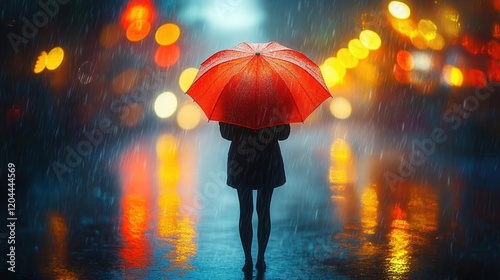 Wallpaper Mural Solitary Figure Under a Red Umbrella in a Rain-Soaked City at Night Torontodigital.ca