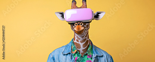 Giraffe with Pink VR Headset on Yellow Background: Funny Animal with Virtual Reality Headset and Hawaiian Jeans Shirt on Vibrant Yellow Backdrop - Banner with Copy Space