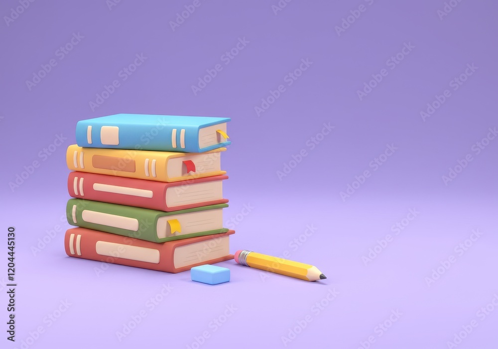 Fototapeta premium A 3D illustration of a stack of colorful books accompanied by a pencil and eraser