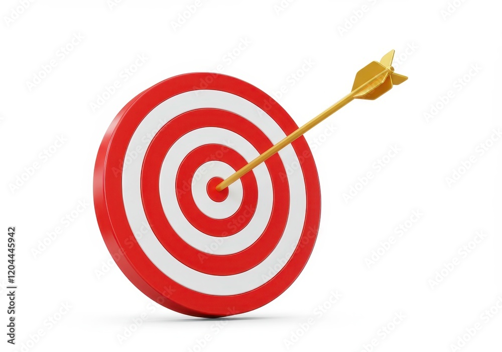 A 3D illustration of a classic red bullseye target with a single golden arrow perfectly hitting the center A 3D illustration of a classic red bullseye target with a single golden arrow perfectly hitting the center