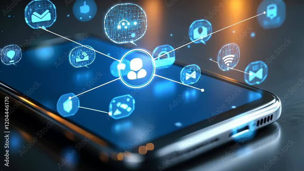 Digital networking on smartphone with holographic icons connecting in motion Digital networking on smartphone with holographic icons connecting in motion
