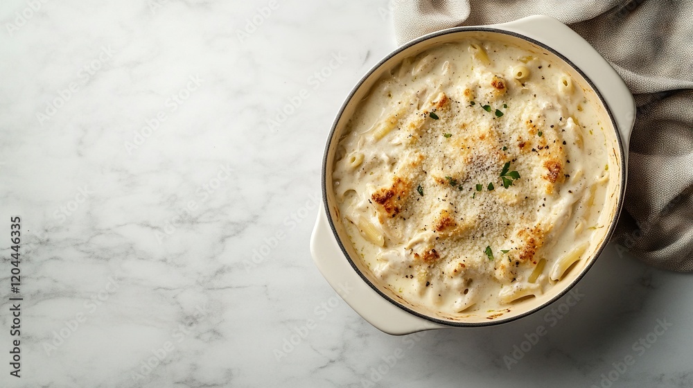 Overhead shot of creamy chicken Alfredo pasta topped with grated parmesan and fresh parsley, served in a white dish. Perfect for menus, recipes, or food promotions. Overhead shot of creamy chicken Alfredo pasta topped with grated parmesan and fresh parsley, served in a white dish. Perfect for menus, recipes, or food promotions.