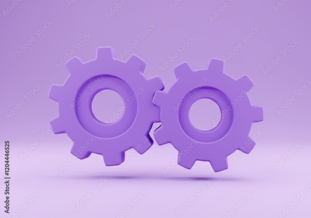 A 3D illustration of two interlocking purple gears, symbolizing settings, operations, or teamwork A 3D illustration of two interlocking purple gears, symbolizing settings, operations, or teamwork