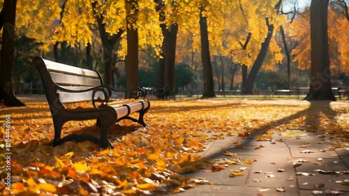 A park bench sits in a serene autumn scene with golden leaves