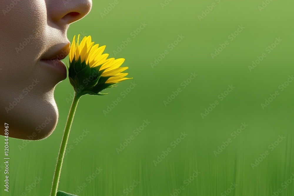 Close-up of young female with sunflower against green background