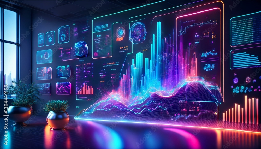 Obraz premium A futuristic digital interface featuring holographic elements, showcasing advanced data analytics with interactive graphs, charts, and glowing visuals in a high-tech setting