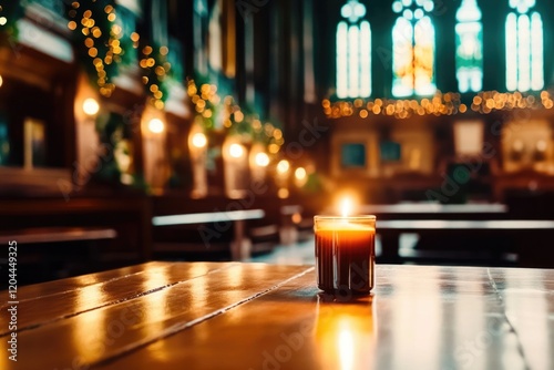 Cozy candlelit table in dimly lit festive hall with warm ambiance and christmas decor photo