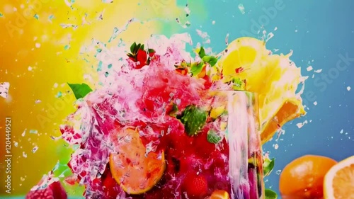 A vibrant splash of fruit, including strawberries, blueberries, raspberries, and orange slices