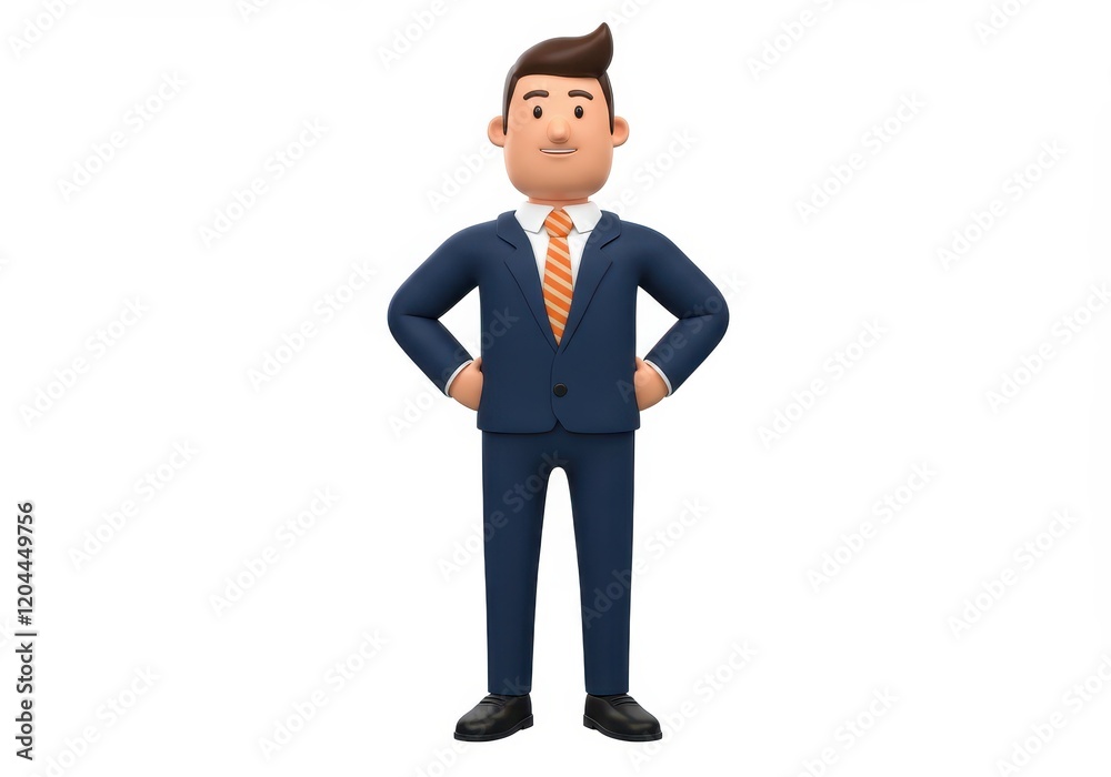A 3D businessman wearing a navy blue suit white shirt and orange striped tie A 3D businessman wearing a navy blue suit white shirt and orange striped tie