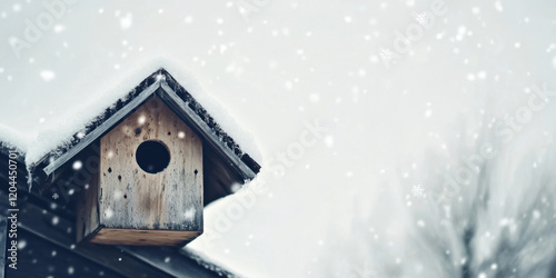 A Charming Snowy Birdhouse Nestled in a Serene Winter Wonderland Surrounded by Soft Snow Flurries photo