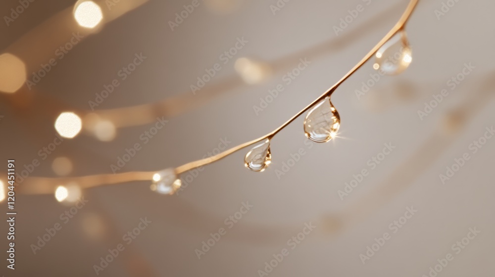 Obraz premium Gleaming dew droplets delicately adorn a branch against a soft focus background, highlighting nature's minute and serene wonders.
