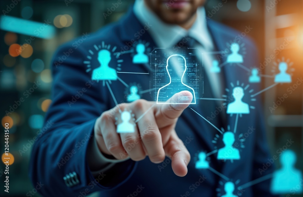 Businessman interacts with virtual human resource network. Global recruitment management concept. Team organization, development. Focus on diversity, career opportunities. Digital interface shows Businessman interacts with virtual human resource network. Global recruitment management concept. Team organization, development. Focus on diversity, career opportunities. Digital interface shows