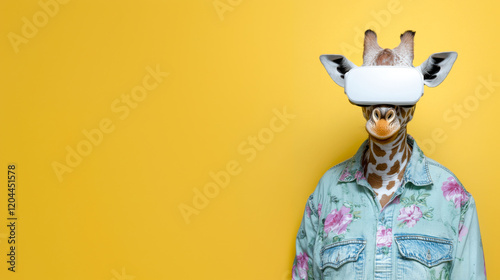 Giraffe with VR Headset on Yellow Background: Funny Animal with Virtual Reality Headset and Hawaiian Jeans Shirt on Vibrant Yellow Backdrop - Banner with Copy Space