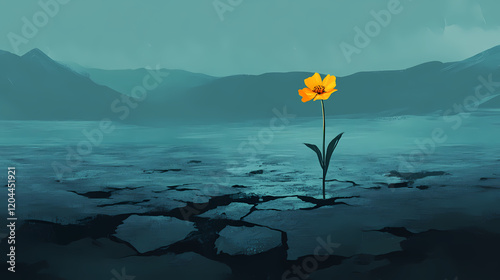 A lone yellow flower blooming from cracked, arid soil: a conceptual art symbolizing solitude in adversity and the resilience of growth. Desert Bloom. Illustration