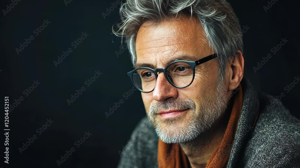Mature man showing thoughtful expressions with subtle smiles in sequence