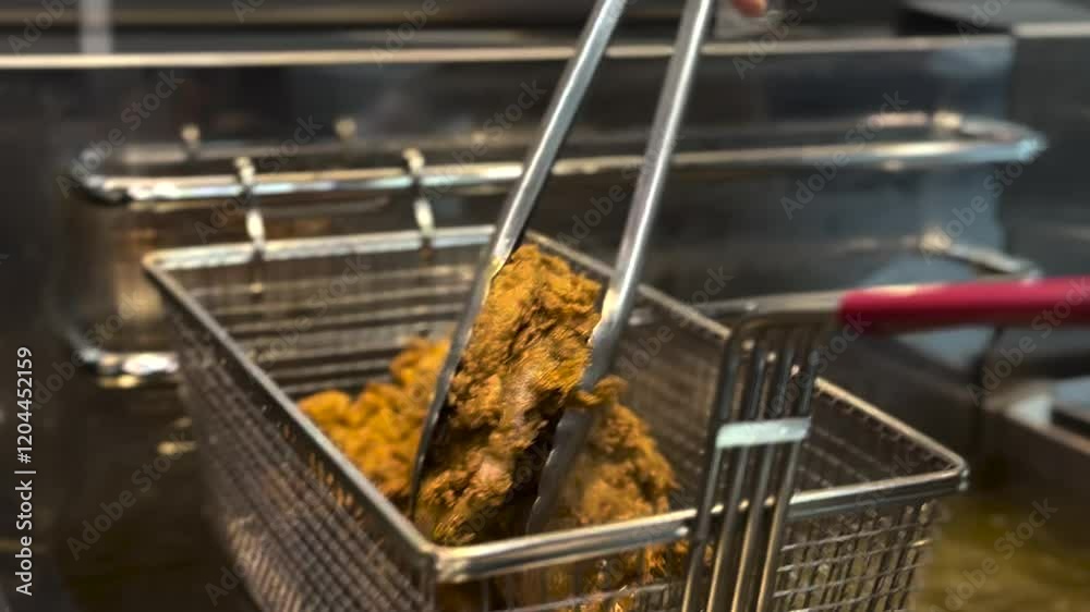 Pieces of Korean fried chicken are being cooked in boiling oil.