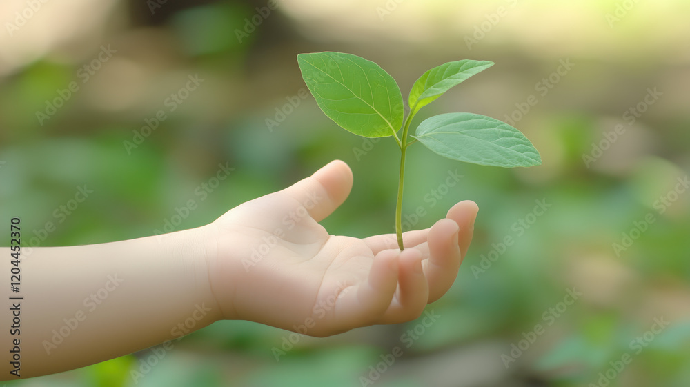 A child's hand holds a young plant on a green nature background. Earth day concept eco A child's hand holds a young plant on a green nature background. Earth day concept eco