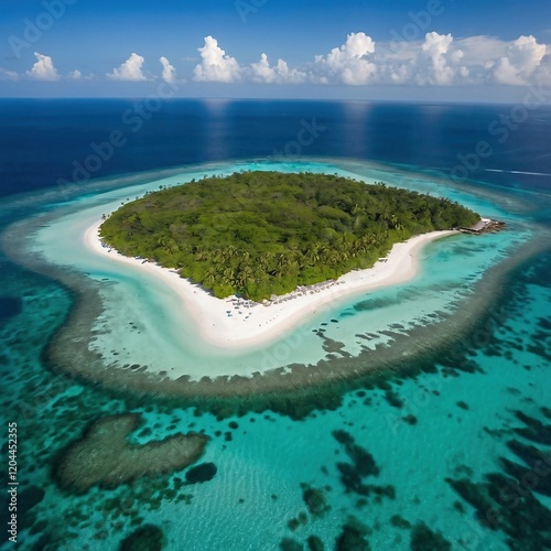 Aerial Photograph of a Pristine Tropical Island Beach with Crystal Clear Water and Lush Vegetation