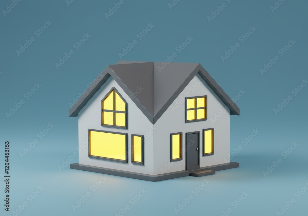 A 3D illustration of a cozy, modern white house with large windows and a gray roof A 3D illustration of a cozy, modern white house with large windows and a gray roof