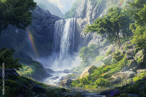 Serene summer scene with a cascading waterfall, colorful rainbow mist, and lush natural surroundings.