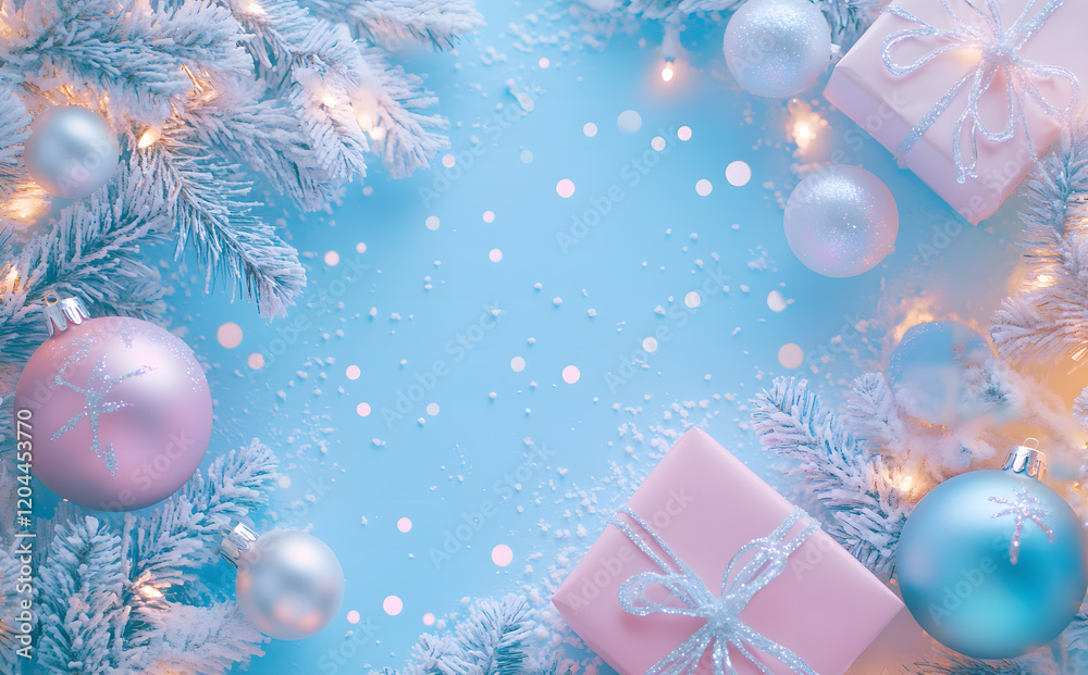 Winter Holiday Background with Snowflakes, Pine Branches, Ornaments, and Pink Gift Box Winter Holiday Background with Snowflakes, Pine Branches, Ornaments, and Pink Gift Box