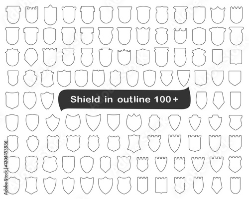 Set of shields 100+. Shield logo, blank, heraldic, protection, quality, shield icon, line, outline, background, white, shape, frame, illustration, graphic, vector, security, privacy, guarantee, isolat