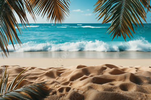 Tropical beach background with palm leaves and sand for summer vacation banner, high-resolution photorealistic image. photo