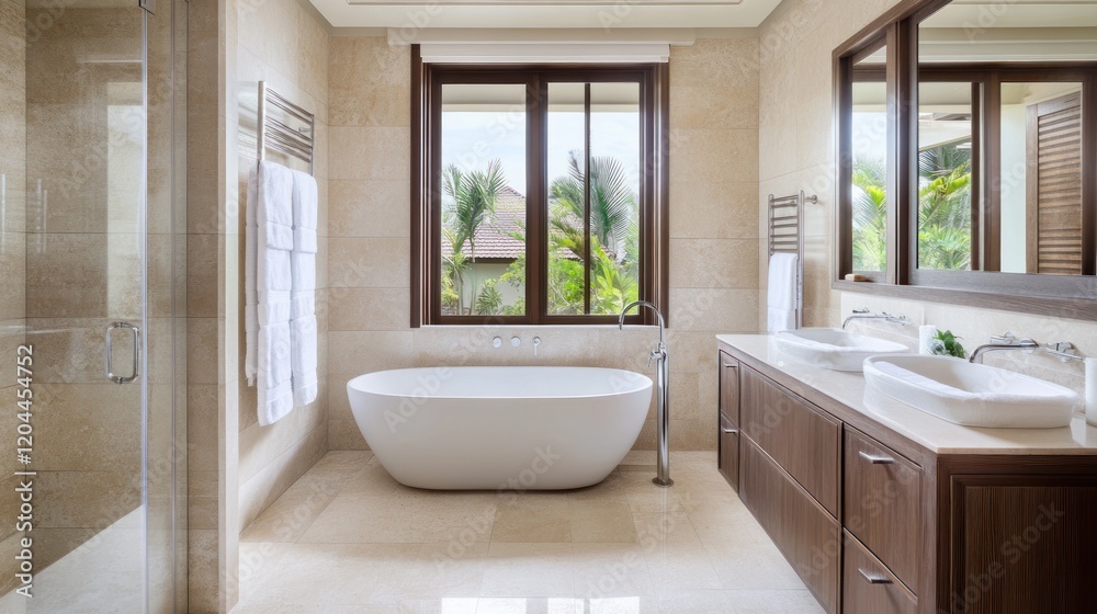 Elegant and spacious bathroom with modern fixtures and serene garden views Elegant and spacious bathroom with modern fixtures and serene garden views