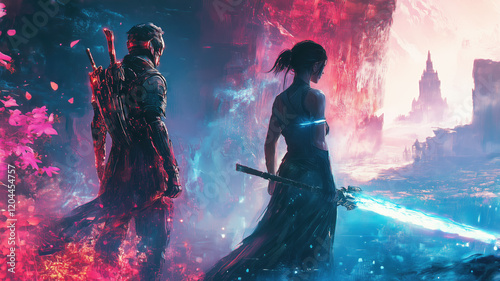A high-resolution, cinematic-style wallpaper featuring iconic characters from famous video games, such as a futuristic soldier from a first-person shooter game standing next to a medieval warrior with
