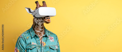 Giraffe with VR Headset on Yellow Background: Funny Animal with Virtual Reality Headset and Hawaiian Jeans Shirt on Vibrant Yellow Backdrop - Banner with Copy Space