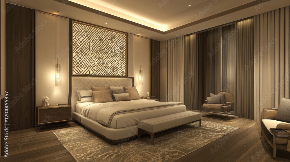 Fototapeta premium Luxurious bedroom with soft lighting, elegant furniture, and a geometric patterned headboard