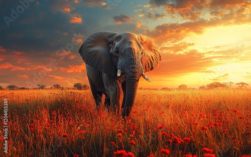 Majestic elephant in a vibrant red field at sunset.