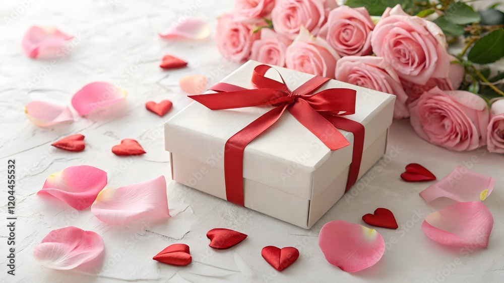 A gift box tied with a red ribbon, surrounded by pink petals and hearts on a pastel background. A perfect scene for Valentine's Day, romantic occasions, or celebrations of love. A gift box tied with a red ribbon, surrounded by pink petals and hearts on a pastel background. A perfect scene for Valentine's Day, romantic occasions, or celebrations of love.