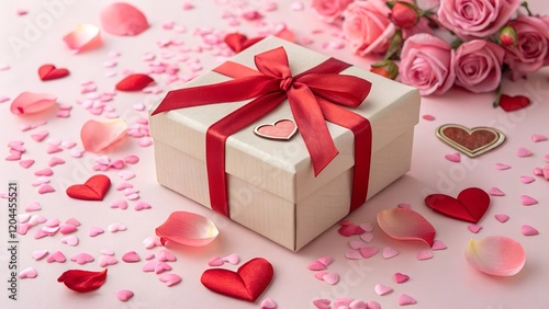 A gift box tied with a red ribbon, surrounded by pink petals and hearts on a pastel background. A perfect scene for Valentine's Day, romantic occasions, or celebrations of love.