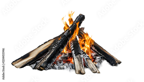 Bright Campfire Burning at Night, Isolated on Black Background