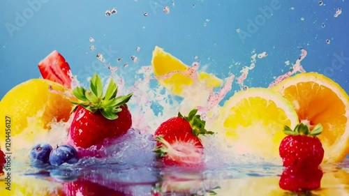 A vibrant splash of fruit, including strawberries, blueberries, raspberries, and orange slices