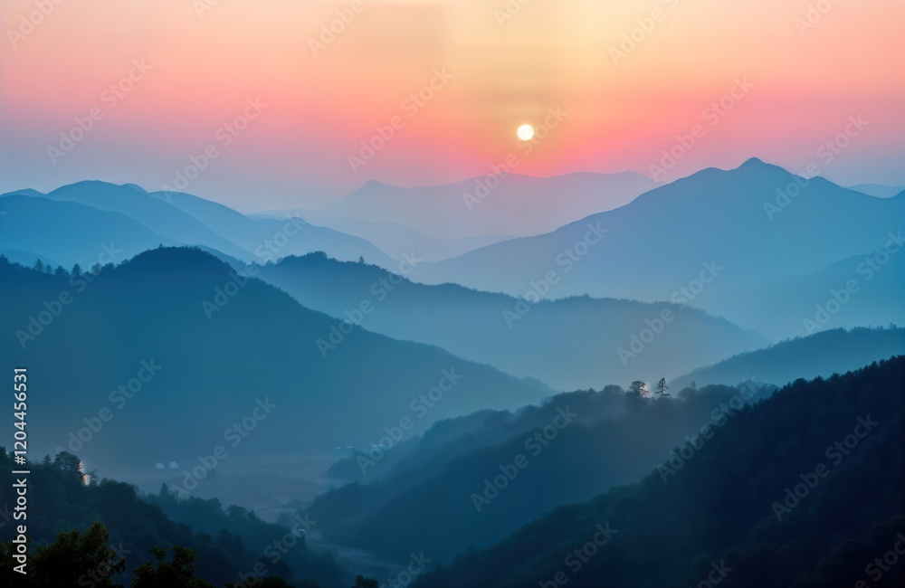 Majestic mountain range at sunrise. Soft gradients of blue, pink sky meet mountain silhouettes. Peaceful morning light bathes landscape. Dramatic colours, shapes in nature scenery. Misty mountain Majestic mountain range at sunrise. Soft gradients of blue, pink sky meet mountain silhouettes. Peaceful morning light bathes landscape. Dramatic colours, shapes in nature scenery. Misty mountain