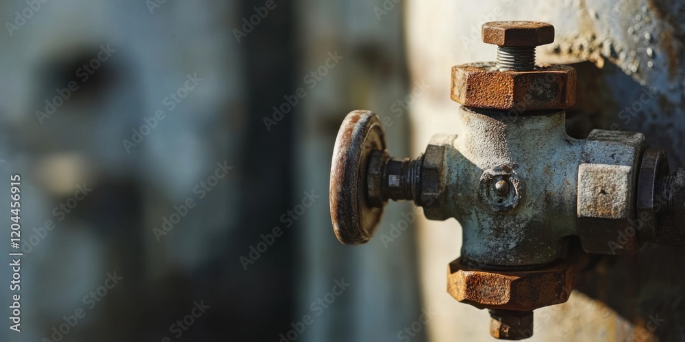 A detailed closeup of a very old, rusty valve located on a piece of industrial machinery equipment A detailed closeup of a very old, rusty valve located on a piece of industrial machinery equipment