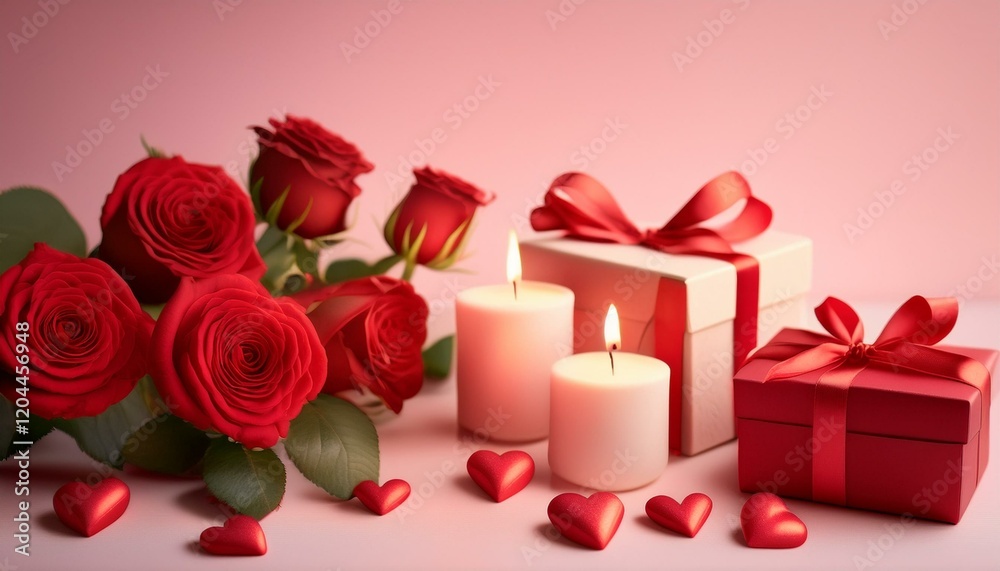 A romantic Valentine's Day setting with red roses, heart-shaped candles casting a soft glow, and a gift beautifully wrapped, creating a perfect atmosphere for love and celebration. A romantic Valentine's Day setting with red roses, heart-shaped candles casting a soft glow, and a gift beautifully wrapped, creating a perfect atmosphere for love and celebration.