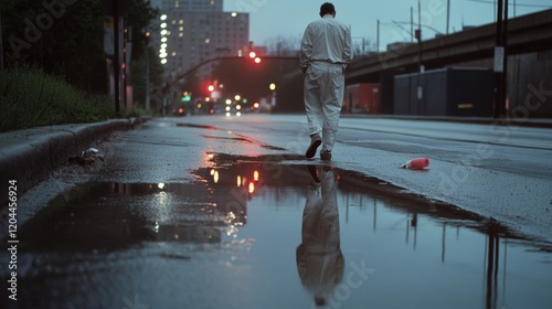 A solitary figure in white attire walks along a rain-drenched urban street, reflections creating abstract patterns.